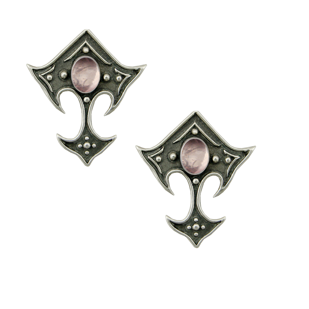 Sterling Silver Gothic Inspired Designer Drop Dangle Earrings With Rose Quartz